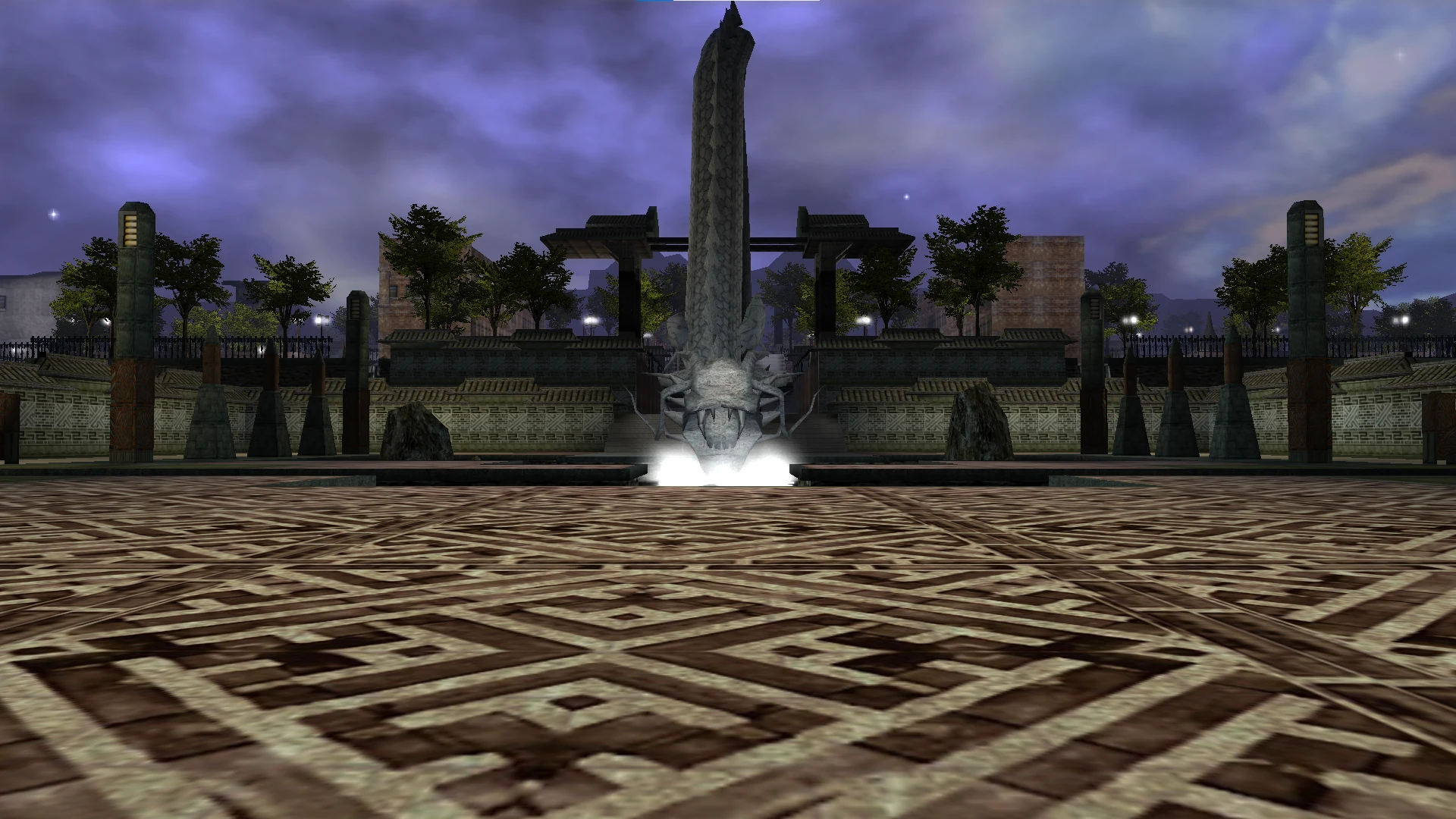 The dragon monument standing over the Sacred Gate plaza